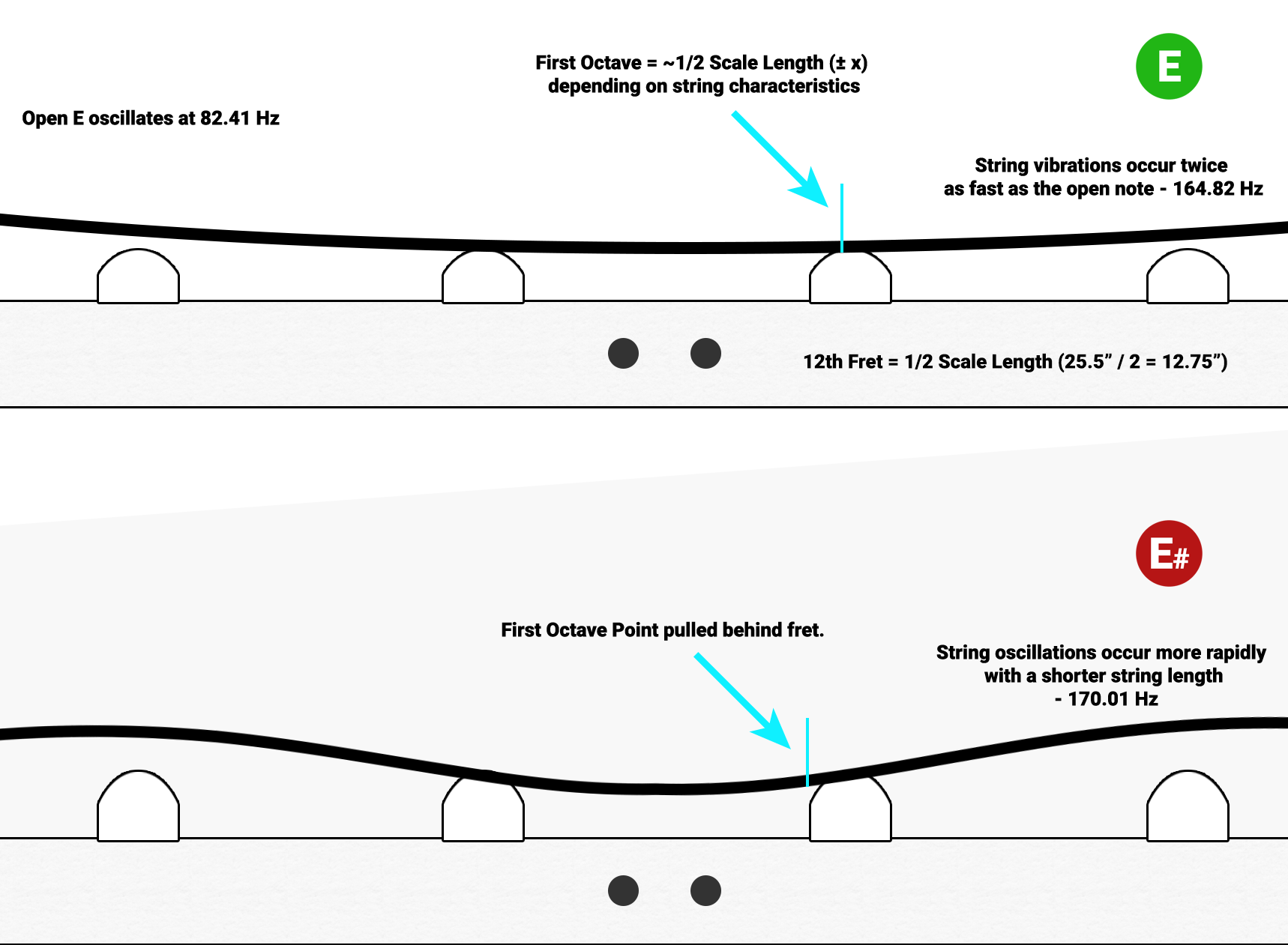 Diagram illustrating the way fret height and fretting pressure affect tone.